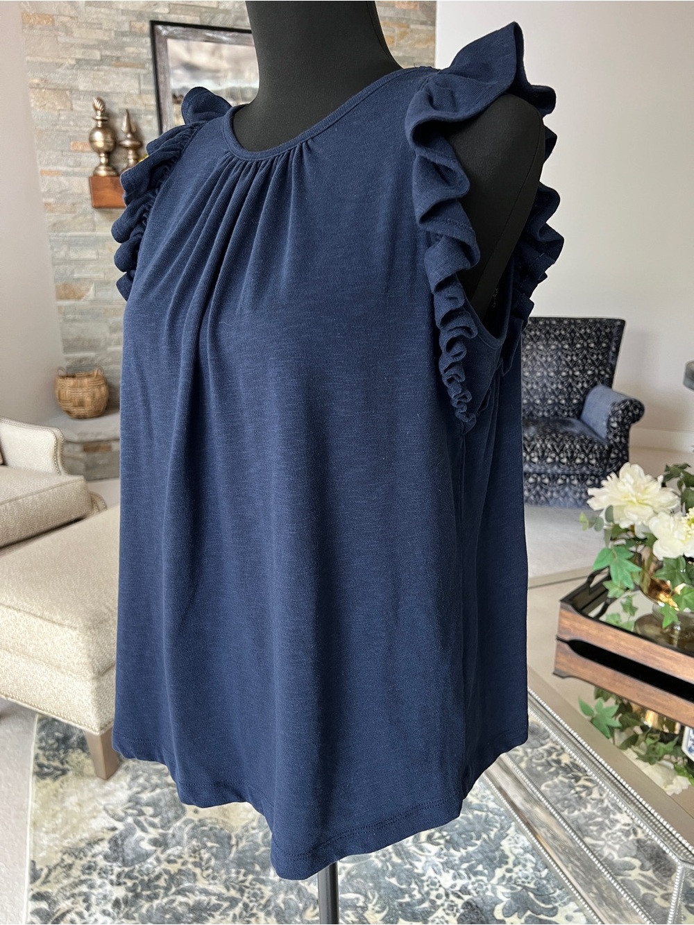 LOFT Navy Blue Ruffle Tank - Picture 3 of 9